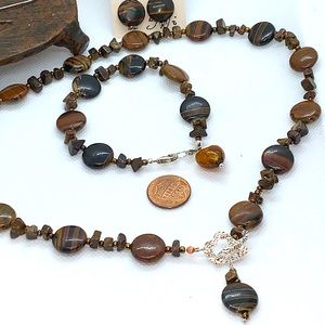 Handcrafted “Mmm Mmm Chocolate” Mahogany Obsidian & 925 3 piece Necklace Set